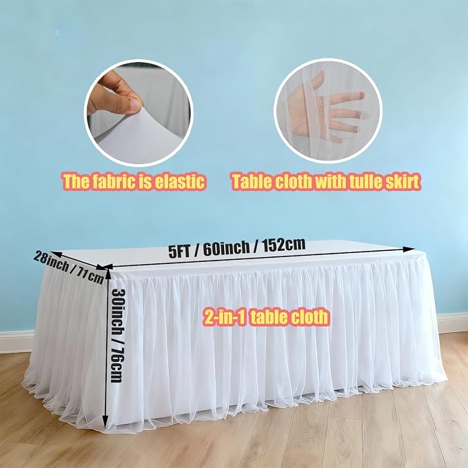 1-Pack White 2-in-1 Tulle Tablecloth for 5-Foot Rectangular Table – Stretch Fitted Table Skirt & Cover for Baby Shower, Bridal, Birthday, Princess Party