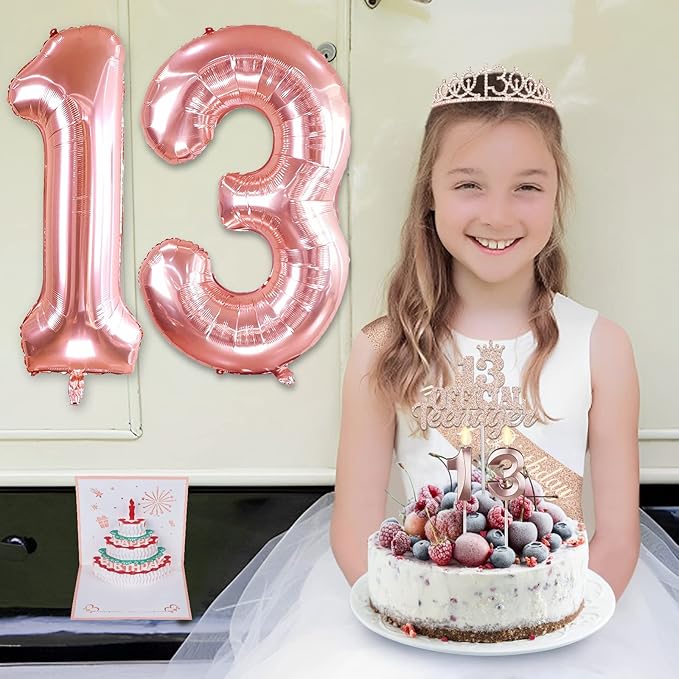 13th Birthday Decorations for Girls, Including 13th Birthday Sash and Tiara, Cake Topper and Candles, Number Balloons, 3D Pop Up Greeting Card, Teen Girl Gifts for 13 Year Old