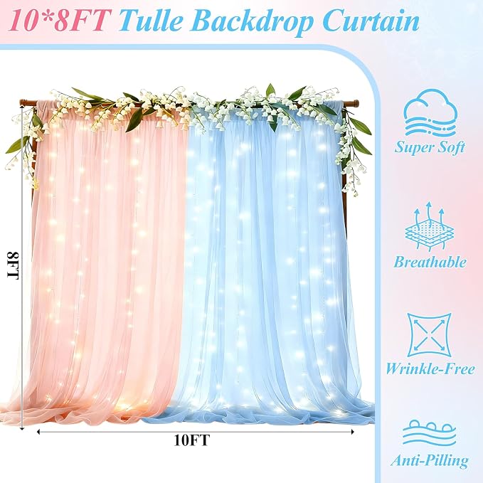 Ledido 2 Pack 10×8ft Pink Blue Tulle Backdrop Curtains with Light String - 600LED Fairy Light Sheer Curtain Backdrop for Gender Reveal Baby Shower Photo Shoot Birthday Party Decoration(4 Panels 5×8ft)