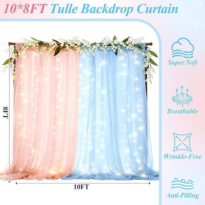 Ledido 10×8ft Pink Blue Tulle Backdrop Curtains with Lights String - 300LED Fairy Lights Sheer Curtain Backdrop for Gender Reveal Baby Shower Photo Shoot Birthday Party Decoration(2 Panels 5×8ft)