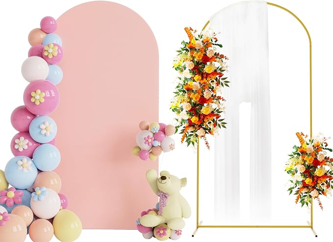 Putros Arch Backdrop Stand and Cover Set, 6.6ft, Gold Arch Stand with Pale Pink Cover, Metal Arched Background Frame for Wedding, Birthday Party, Baby Shower, Photography Decoration