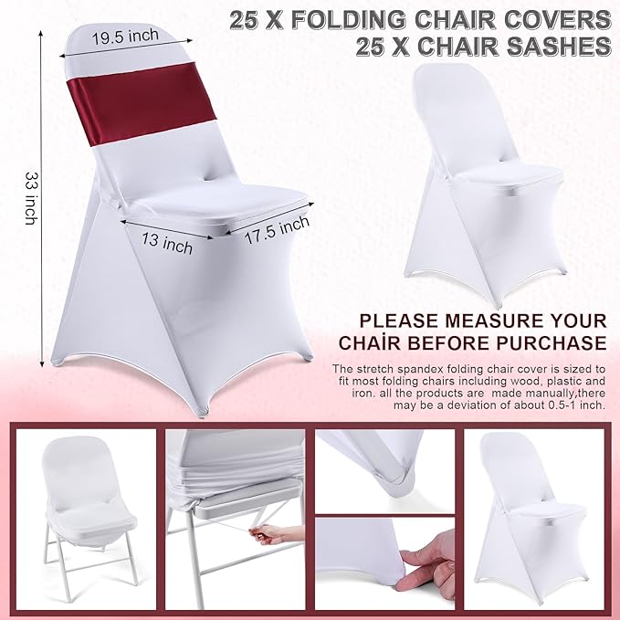 Lounsweer 50 Pcs Folding Chair Cover Set with 25 Stretch Spandex Slipcovers 25 Satin Chair Sashes Bows Ribbon Washable Banquet Protector for Wedding Event Party(White, Wine Red)