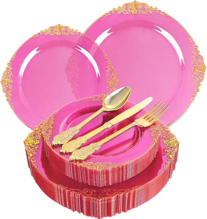 125PCS Hot Pink Plastic Plates - Clear Pink Gold Disposable Plates - Hot Pink Party Plate with Gold Plastic Silverware Set for 25 Guests for Wedding Birthday Party Baby Shower