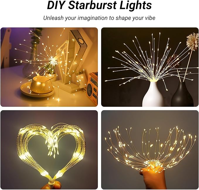 4 Pcs Hanging Firework Lights: Twinkle Fairy String Lights with Remote, 480 LED 8 Modes Dimmable, Indoor Outdoor Battery Operated Starburst Light for Garden, Patio, Party Xmas Decor