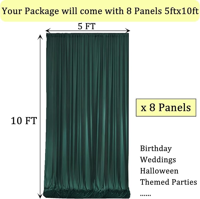 40ft x 10ft Wrinkle Free Hunter Green Backdrop Curtains for Parties, 8 Panels Polyester Green Photo Backdrop Drapes for Wedding Jungle Birthday Party Photography Background Stand