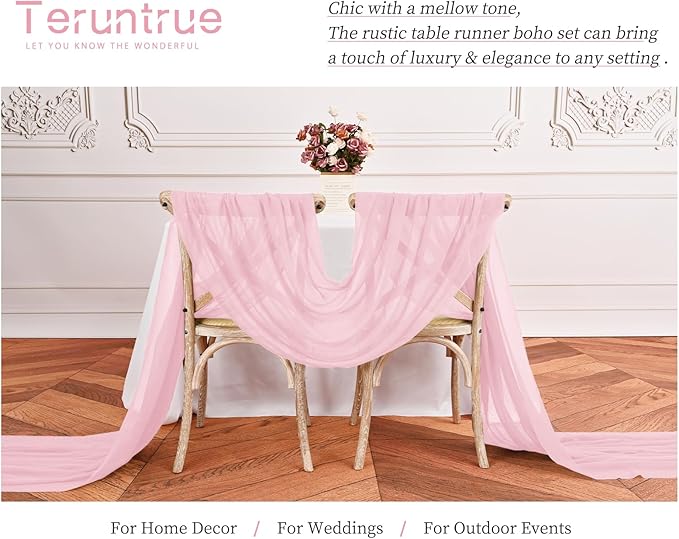 Teruntrue 24 Packs Light Pink Cheesecloth Table Runner,10ft Rustic Gauze Boho Wedding Table Runner Decoration, Wedding Table Decor Sheer Table Runner for Wedding Party Bridal Shower Table