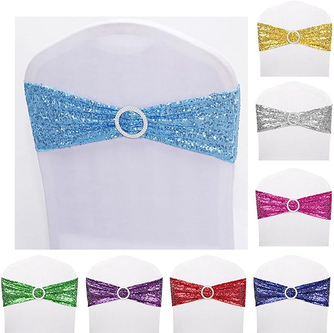 Dimatic 10 PCS Stretch Sequin Chair Sashes Chair Stretchy Spandex Bands for Wedding Reception Events Banquets Chairs Decoration (Azure)