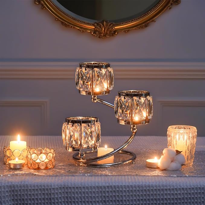 Metal 3 Arm Crystal Candle Holder - Tea Light Centerpiece Candle Holder, Votive Holder with Sparkling Crystal Bowl, Suitable for Wedding, Table Centerpiece, Home Decor (2, 3 arm-Silver)