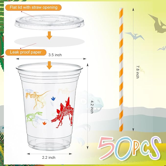FoldTier 50 Pcs Dinosaur Cups for Kids 12 oz Disposable Plastic Cups with Straws and Lids Dinosaur Clear Cup Birthday Party Cups Supplies for Kids Birthday Table Decorations Party Favor