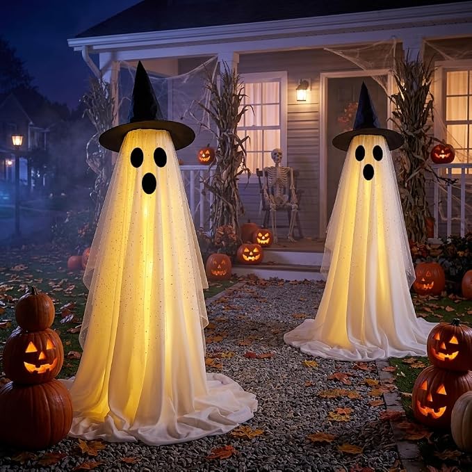 Halloween Decorations Outdoor, Spooky Ghost Halloween Decor with Witch Hat | Set of 2, Adjustable Height,Remote Control & Timer,Unique Ghost & Witch Fusion Design, Sparkling Sheer Tulle and White Fabric