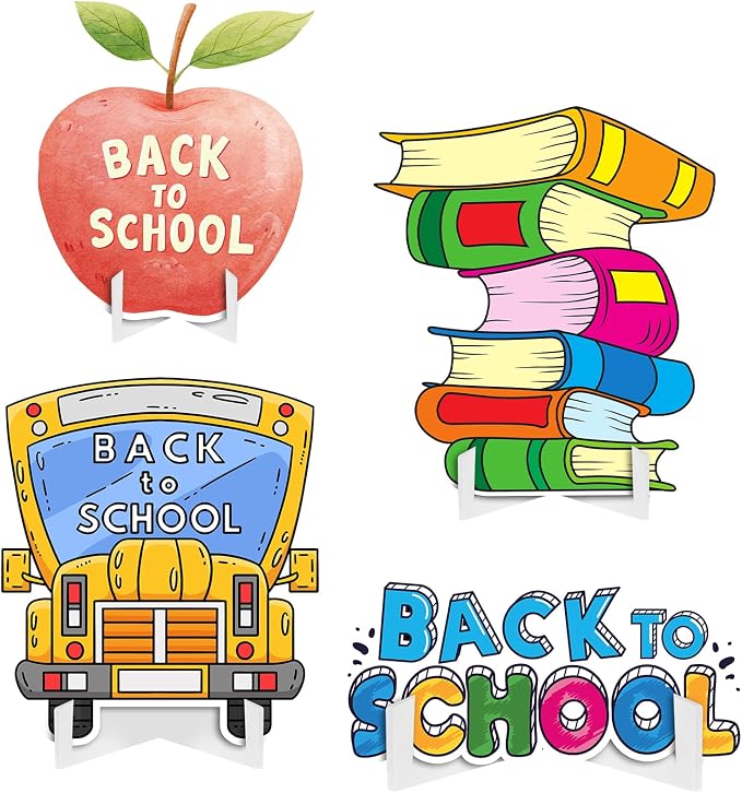 Honoson 4 Pcs Large 32" Back to School Cardboard Cutouts Standup, First Day of School Party Decorations Backdrop Bus Notebook Yard Sign Photo Booth Props for Classroom Party Supplies