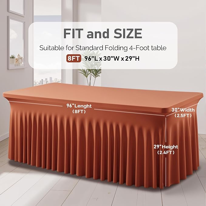 1 Pack Terracotta Spandex Tableclothes for 8 Foot Rectangle Tables, Wrinkle Free 8ft Fitted Table Cover Stretch Table Cloth Desk Skirt for Weddings Baby Shower Birthday Party Banquet Decorations
