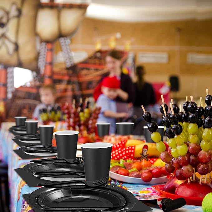 422 Pcs Black Disposable Party Supplies Serves 60 Guests Paper 7'' 9'' Plates Cups Napkins Plastic Tableware Spoons Forks Knives 2 Pcs Table Cover for Birthday Wedding Decorations(Black)