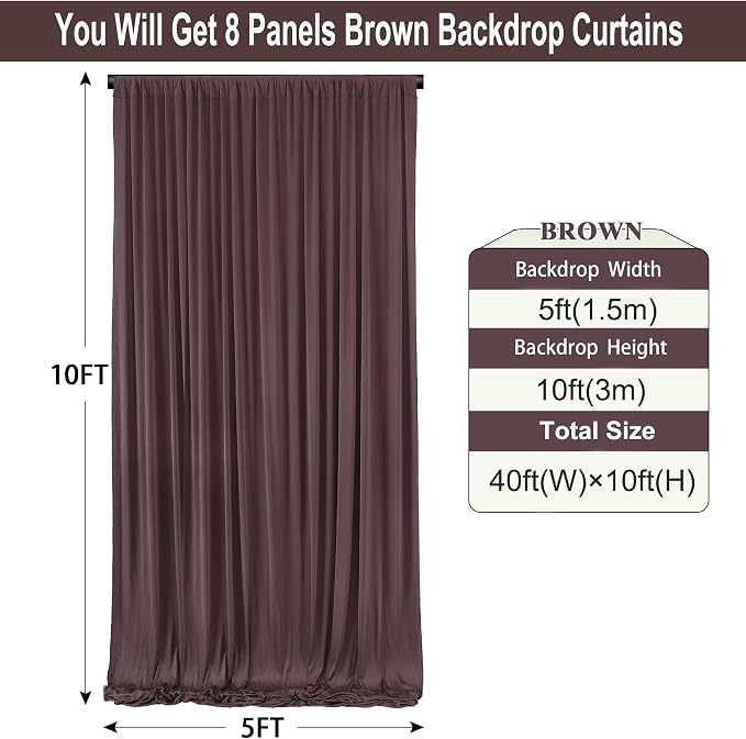 40ft×10ft Wrinkle Free Brown Backdrop Curtain for Parties, 8 Panels 5×10ft Soft Silky Polyester Umber Photo Backdrop Drapes for Teddy Bear Themed Birthday Party Baby Shower Wedding Photography