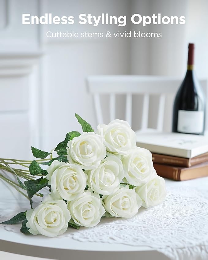 InnoGear 50 Pcs White Roses Artificial Flowers, Fake Velvet Silk Rose Bulk Faux Flower for Mother's Gift Decoration DIY Wedding Centerpieces Proposal Bridal Bouquets Party Floral Decor (50, White)