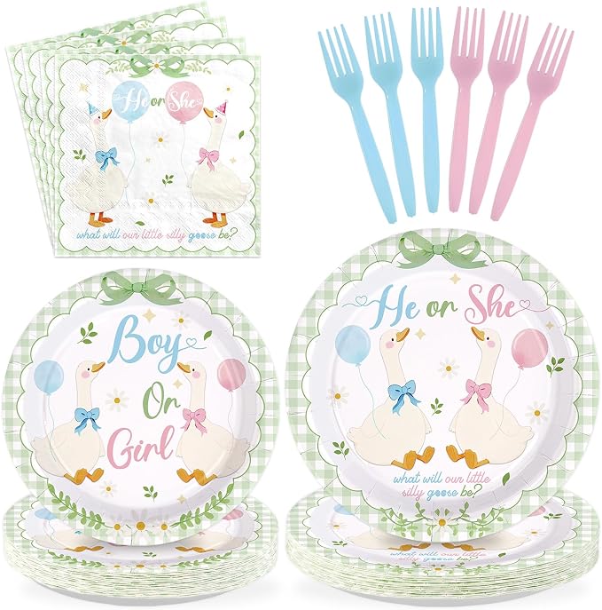 96 Pcs Sage Green White Goose Gender Reveal Decorations Baby Shower Plates and Napkins Goose Baby Shower Tableware Set for Gender Reveal Birhday Party Supplies, Serves 24