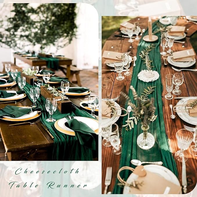 10FT Emerald Green Cheesecloth Table Runner Gauze Fabric 35 x 120 Inches Long Boho Cheese Cloth Table Runner Rustic Semi Sheer Runner for Wedding Birthday Baby Bridal Shower Party (Emerald Green)