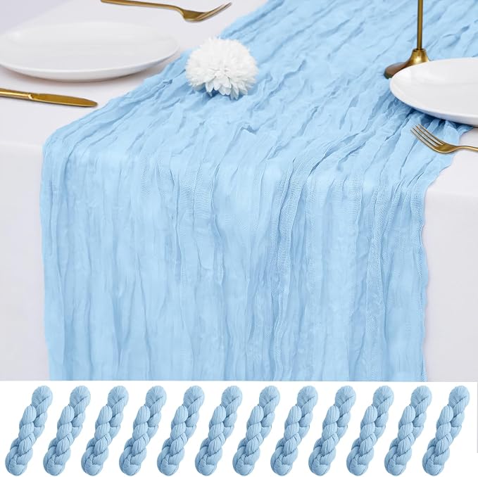 12 Pack Light Blue Cheesecloth Table Runner 21x120 Inches, Boho Gauze Rustic Semi Sheer Cheese Cloth Table Runners for Easter Wedding Bridal Baby Shower, Birthday Party, Long Farmhouse Table Decor