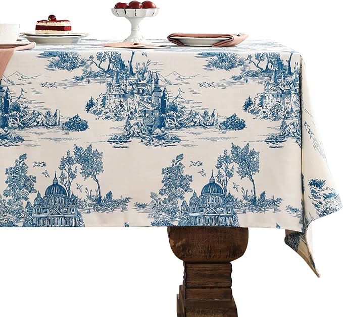 patdrea Elegant French Linen Tablecloth,Rectangular,79"x55"-Lucerne A | Vintage Elegant Table Cloth for Rectangle Table,Blue and White Chinoiserie Print,for Dining Room Tea Party Thanksgiving