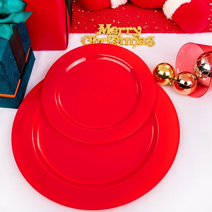 KIRE 150 Pieces Red Plastic Plates Disposable - Red Dinnerware Set Include 25Dinner Plates 25Salad Plates 25Forks 25Knives 25Spoons 25Clear Red Cups for Christmas Parties