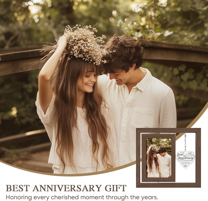 2 Year Anniversary Picture Frame Gifts for Him Her Couple Men Women Husband Wife Boyfriend Girlfriend,Best 2nd Anniversary Wood Cotton Gifts, Two Year Second Anniversary Wedding Gift
