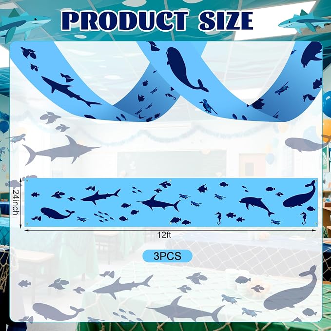 VioraWhite 3 Pcs 24 Inch x 12 ft Under The Ocean Classroom Ceiling Decorations Summer Whale Birthday Party Decorations Shark Banners Sea Ceiling Covers for Preschool Kindergarden Daycare Classroom