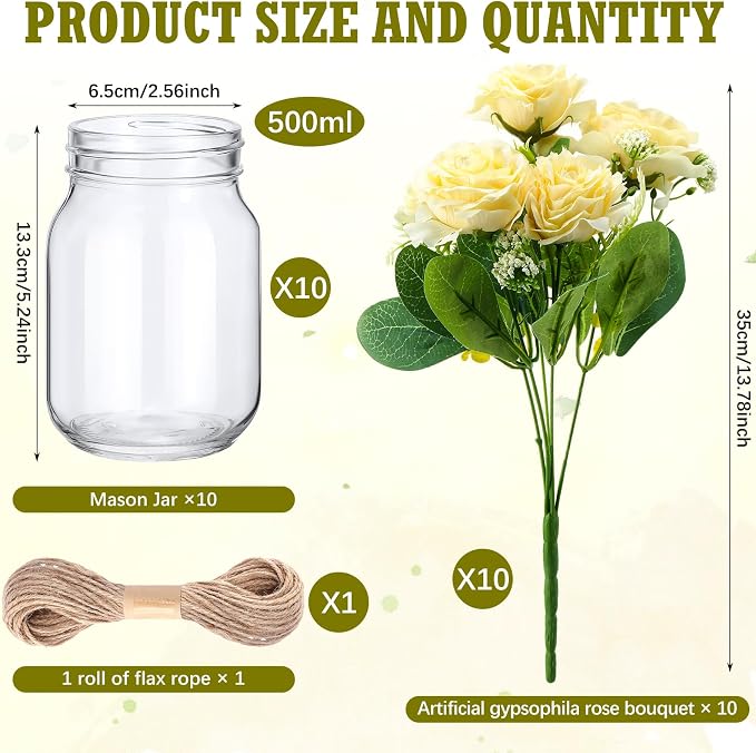 XunYee 10 Set Mason Jar Table Centerpiece with Flower Mason Jar Flower Centerpiece Vases Decor for Engagement Party Bridal Shower Wedding Reception Table Decor(Champagne,Gypsophila Rose)