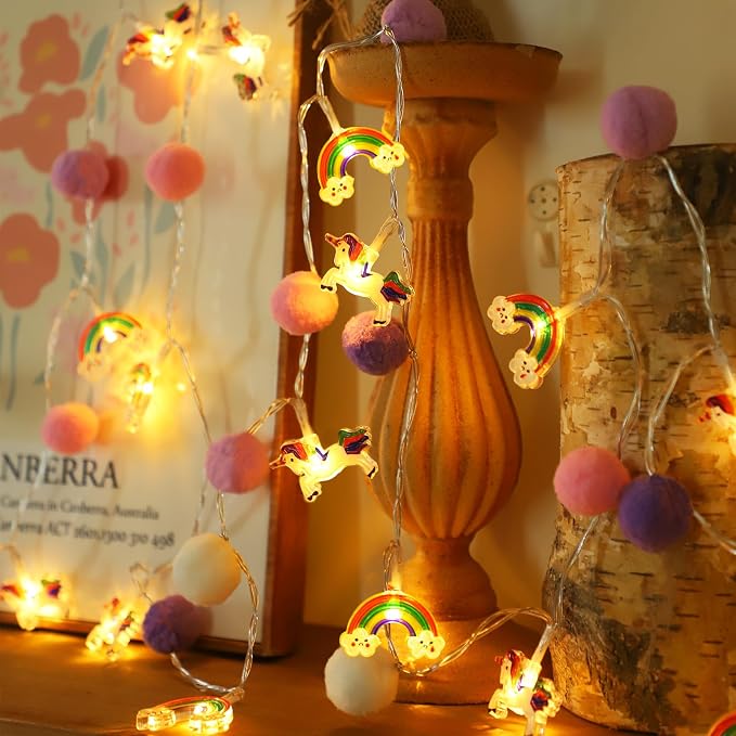ChiRee Indoor String Lights 9.85 Ft Unicorn Rainbow String Lights with Pom Poms, 20 LED Battery Operated Fairy Lights with Timer & 8 Flash Modes, Cute Kids Girls Boys Bedroom Nursery Play Tent Decor