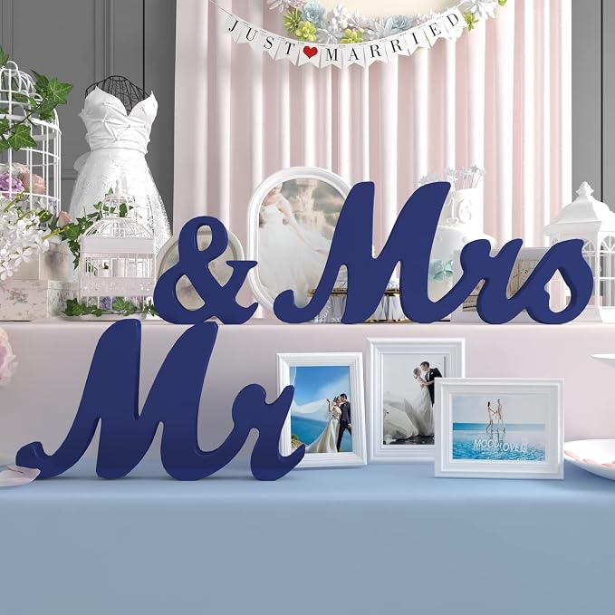 VIOPVERY Wedding Decorations Set - Large Blue Mr and Mrs Sign, Just Married Banner, Wooden Letters for Sweetheart Table, Photo Props for Anniversary