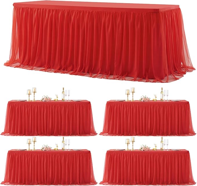 Suppromo 4 Pack 6ft Red Tulle Tablecloths for Rectangle Tables, 6 Foot Red Rectangular Table Cloth Wrinkle Free Tablecover with Tutu Skirt for Baby Shower Wedding Birthday Party Banquet Buffet Cake