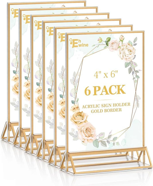EHWINE 6 Pack Acrylic Sign Holder 4 x 6, Double Sided Gold Picture Frame Stand up Table Top Sign Holders, Clear Display Stand Menu Flyer Holder for Wedding Party