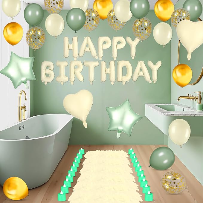Sage Green Happy Birthday Balloons Decorations Beige Green Birthday Balloon Letters Banner with 4 Pcs Star Balloons Artificial Rose Petal 24 Flameless LED Candles for Room Hotel Party Decor Supplies