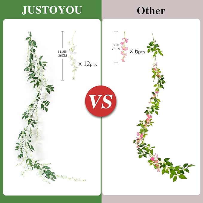 JUSTOYOU 3PCS 7FT 12 Stem Artificial Wisteria Vine Garland Fake Flower Wisteria Garlands for Outdoor Indoor Wedding Wall Bedroom Decoration(White)