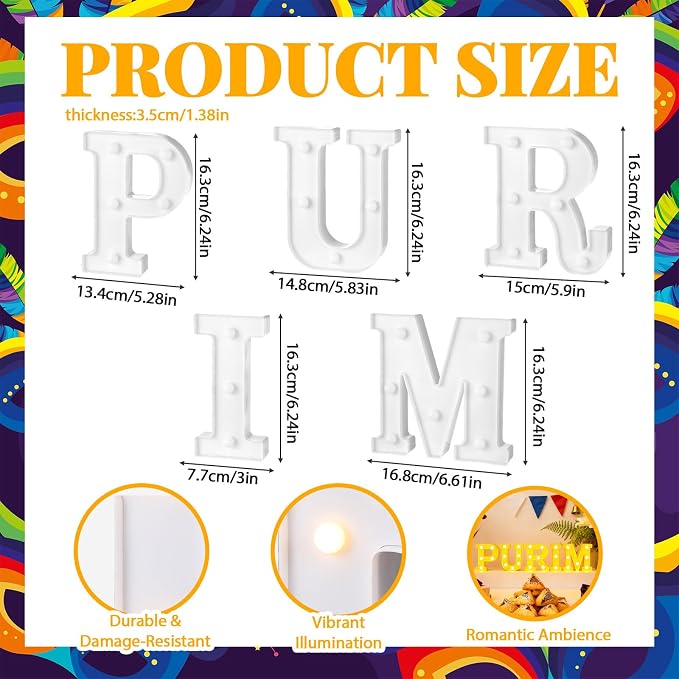 Honoson 5 Pcs Happy Purim Party Decorations Purim Light up Neon Lights Sign for Jewish Carnival Party Indoor Outdoor Table Wall Decorations Activity Supply