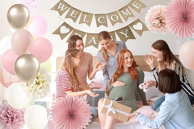 Baby Shower Decorations for Girls with Rustic Burlap Welcome Banner and Rose Gold Balloons Dusty Pink Paper Party Supplies (Pink + Champagne Gold)