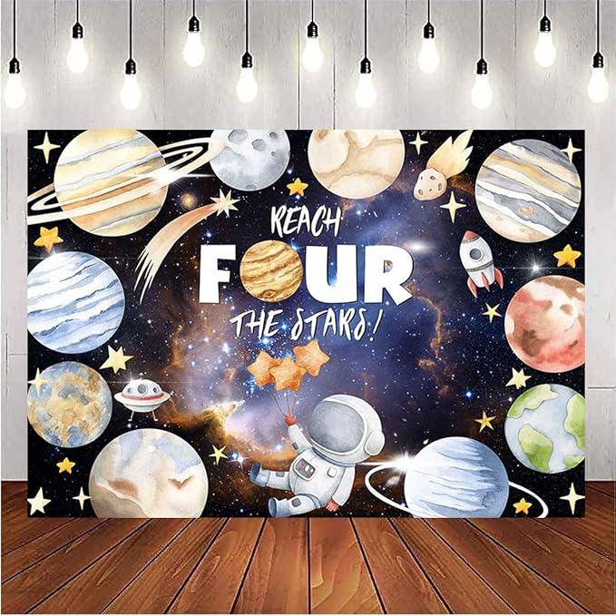 Reach Four The Stars Space Theme Children Birthday Backdrop 4th Birthday Party Kids Astronaut Themed Birthday Party Decoration Boy Girl Birthday Photography Decorations Banner (6X4FT)