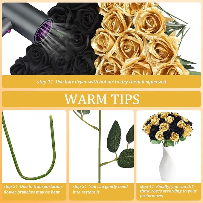 90PCS Black Gold Rose Artificial Flowers, Faux Silk Roses, Realistic Roses Bouquet for Anniversary, Baby Shower, Birthday, Graduation, Table Centerpieces, New Year's, Valentine's Day Decorations