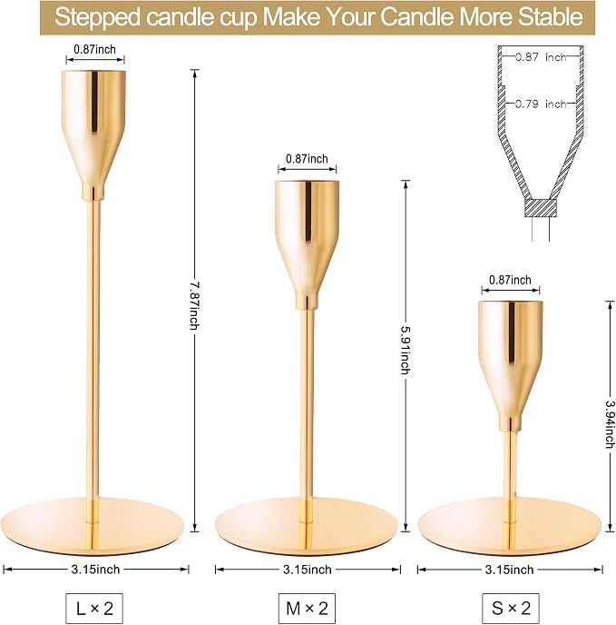 French Gold Taper Candle Holders for Wedding Table Centerpiece,Tall Taper Candlestick Holders Bulk Set of 6,Metal Candle Stick Holders for Dinning or Mantel Centerpiece,Party Home Decor