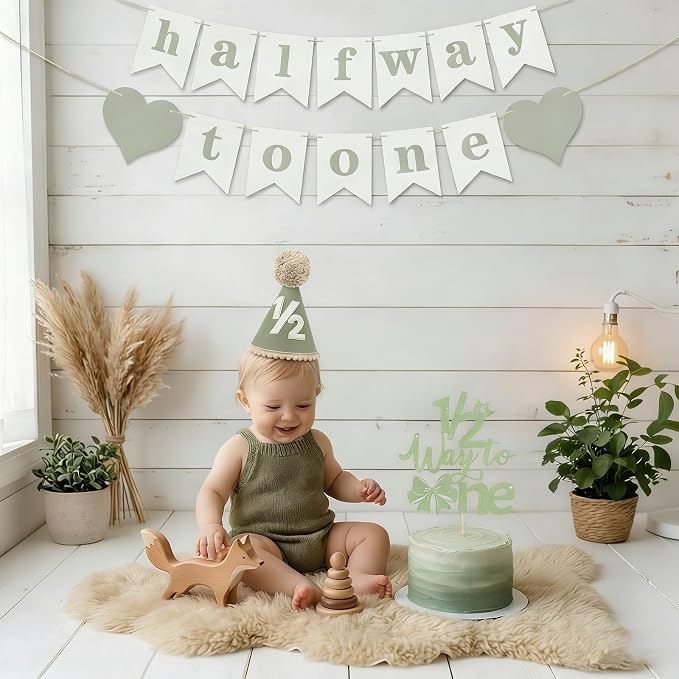 Baby First Birthday Party Decorations First Highchair Banner For Baby Boys Blue High Chair Banner Crown Cake Topper Baby Photo Banner 1st Birthday Photo Backdrop (1/2 Green)