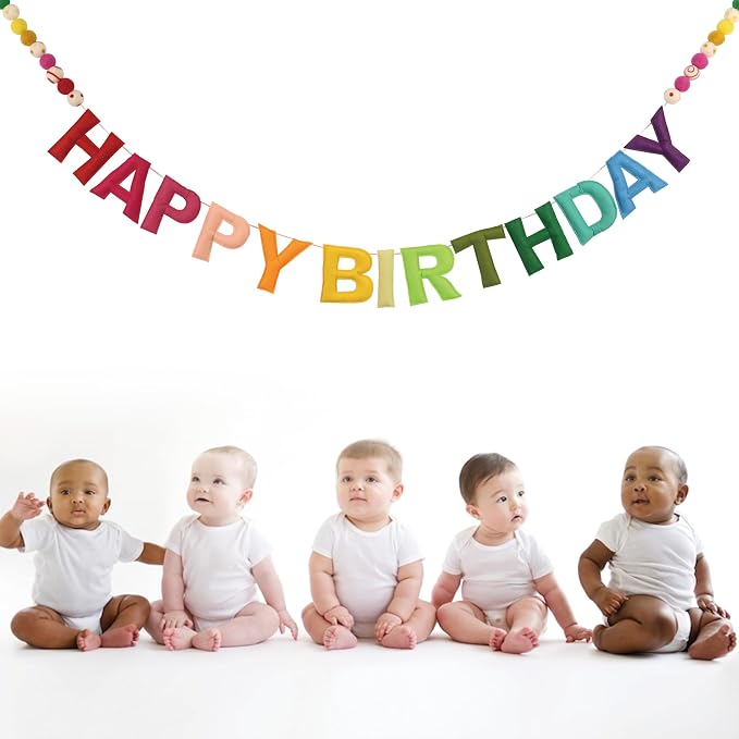 Pre-Strung 3D Felt Happy Birthday Banner - Reusable Rainbow Happy birthday Decorations Sign,Handmade Wool Felt Ball Garland, Pom Pom Garland, Personalized Holiday Sign, Party Decor, Photo Prop