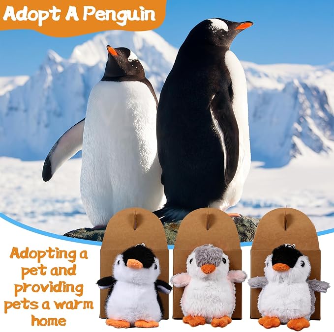 Adopt A Penguin Party Favors Mini Plush Stuffed Animals Set with 12 Plush Penguin Mini Fence Blackboard Kraft Paper Box for Adopt An Animal Themed Birthday Party