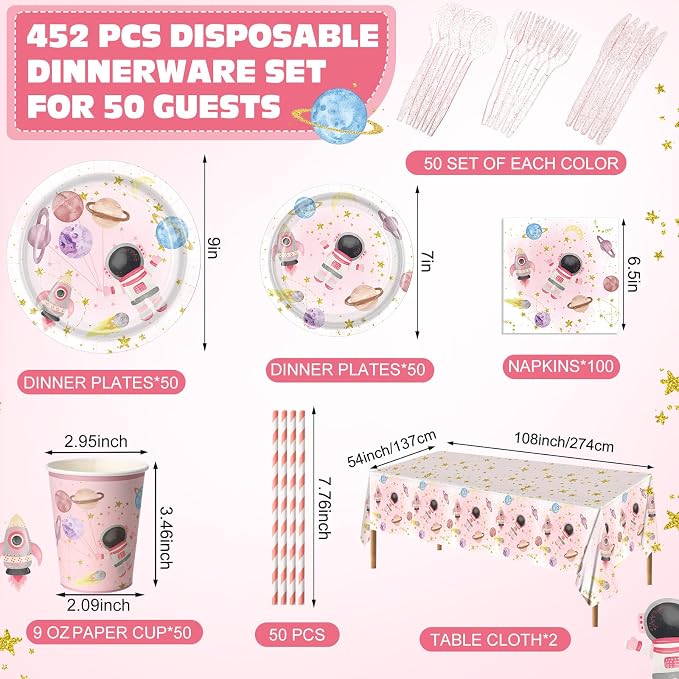 Potchen 452 Pcs Party Supplies Serve 50 Guests, Paper Plates Napkins Cups Cutlery Plastic Tablecloth Dinnerware for Birthday Wedding Party Decoration (Light Pink, Space)