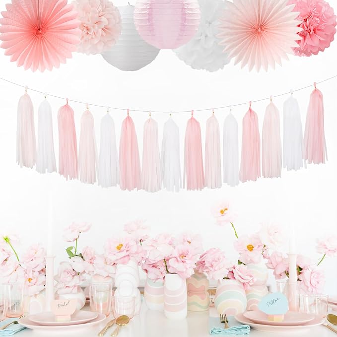 Light-Pink White Happy-Birthday Banner Party-Decorations - 31pcs 21st 30th Women Girls Paper Lanterns Streamers,Tissue Paper Flowers Pom Poms Fans Tassel Garland Decor Backdrop Supplies Hugmoon