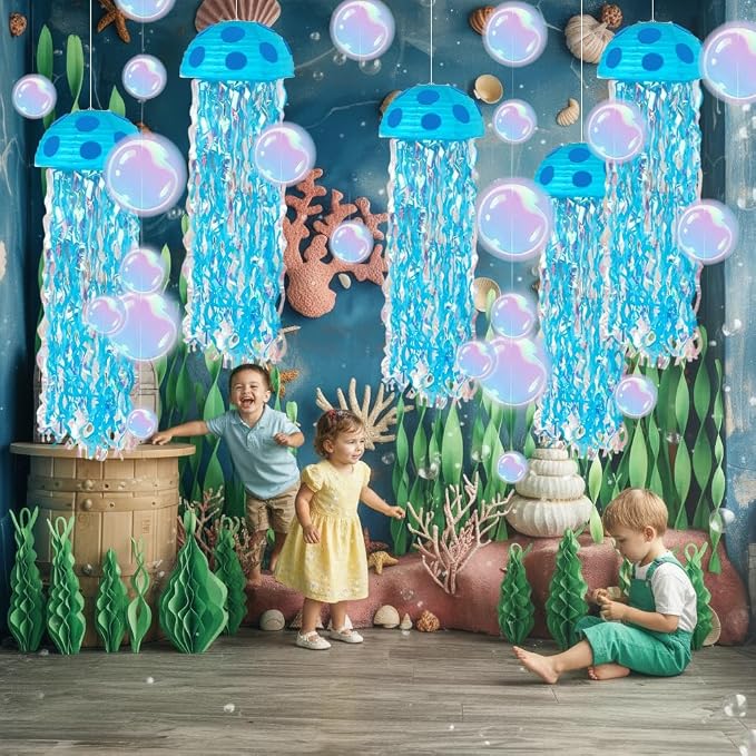 18 Pcs Under The Sea Party Decorations-6pcs 10'' Hanging Jellyfish Paper Lanterns， Bubble Garlands Crepe Paper for Shower - Mermaid Birthday Decorations，Ocean Theme Classroom & Beach Room Decor Blue