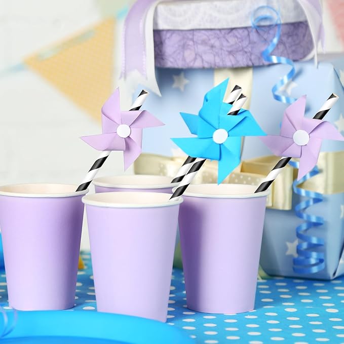100 Packs Black Biodegradable Striped Paper Straws, Disposable Drinking Straws for Birthday Carnival Summer Pool Party Wedding Baby Shower Halloween Christmas Party Decoration Supplies