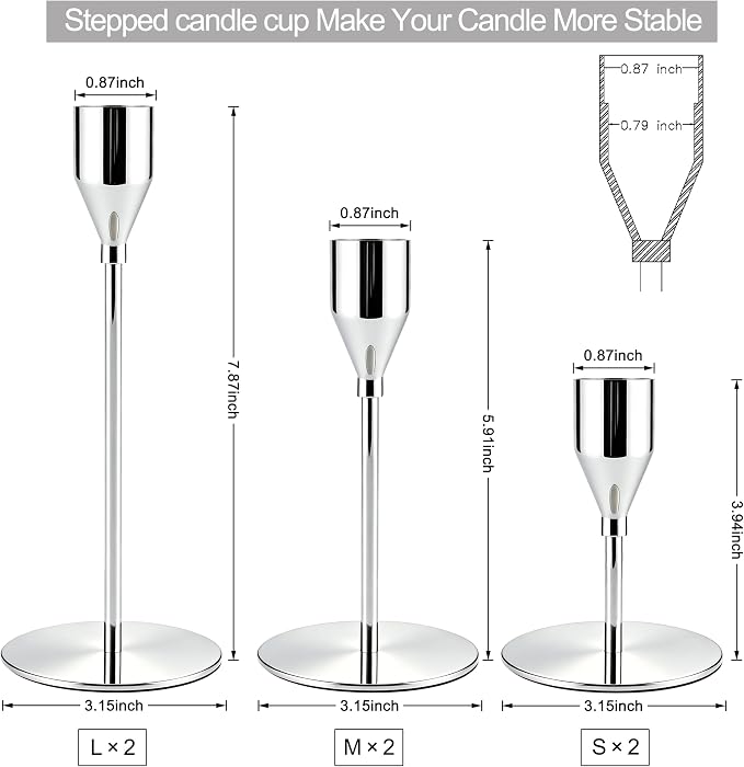 Silver Taper Candle Holders for Wedding Table Centerpiece,Tall Taper Candlestick Holders Bulk Set of 6,Metal Candle Stick Holders for Dinning or Mantel Centerpiece,Party Home Decor