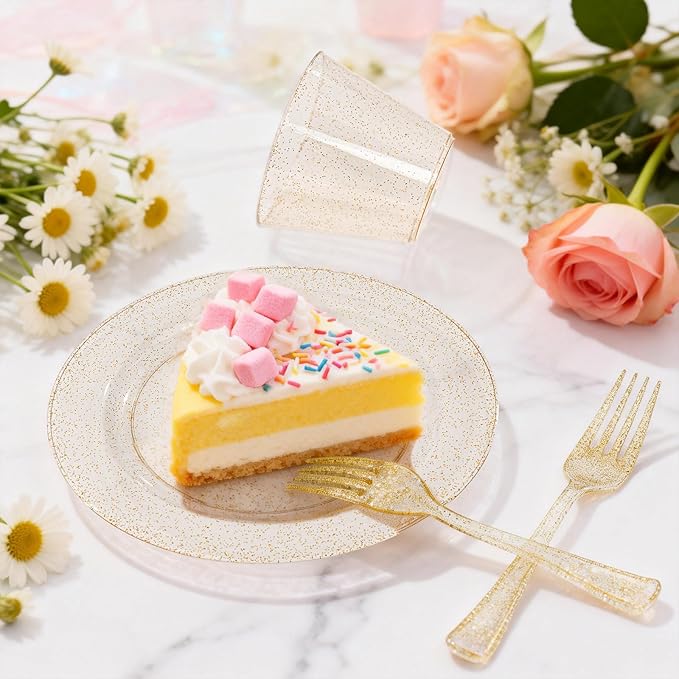 WELLIFE 150PCS Gold Plastic Plates – Gold Glitter Disposable Dinnerware Set for 50 Guests (7.5" Dessert Plates), Includes 50 Plates, 50 Cups & 50 Forks for Wedding & Birthday Party Tableware