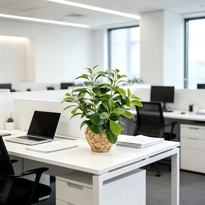 AlphaAcc 15.7" Artificial Fig Leaf Plant in Water Hyacinth Basket - Faux Ficus Greenery for Desk, Office & Boho Decor