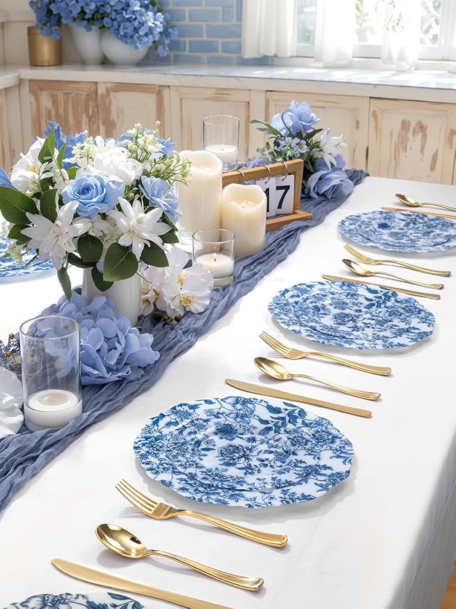 WDF 20PCS Blue Plastic Plates - Baroque White and Blue Plates - Chinoiserie Floral Party Decorations for Birthday/Tea Party/Spring
