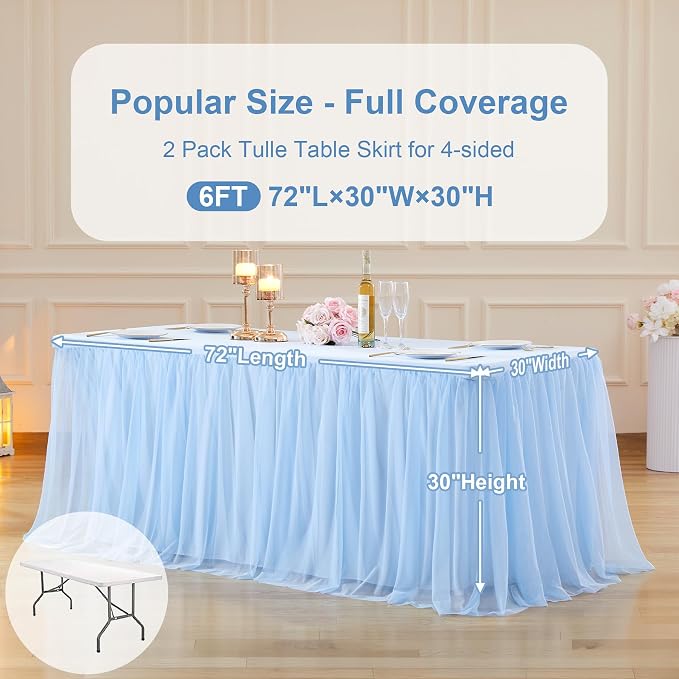 2 Pack Baby Blue Tulle Tablecloth Skirt for 6 Foot Rectangle Tables - Baby Shower Blue Table Covers with Ruffle Tutu Style, Stretch Fitted for Wedding Birthday Parties Reception